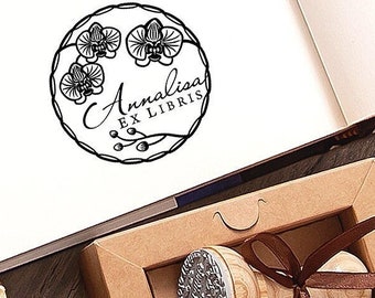 Orchids Rubber Stamp, Ex libris Personalized, Flower Wreath Bookplate, Floral Frame Library Stamp, Handmade Gifts in Special Box