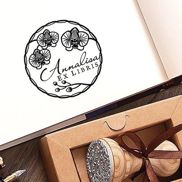 Orchids Rubber Stamp, Ex libris Personalized, Flower Wreath Bookplate, Floral Frame Library Stamp, Handmade Gifts in Special Box