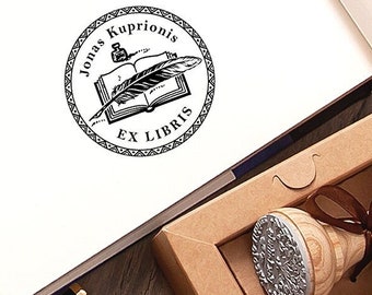 Personalized Ex Libris Stamp, Feather Pen, Handmade Book Gift