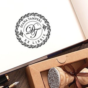 2 Letter Monogram Stamp Ex libris, Elegant Name Initials Ornate Border, Bookplate Personalized, Handmade Bookish Gifts in Special Box Wood Stamp (only)