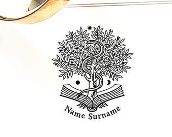 Snake Book Stamp Personalized, Sun Moon World Tree, Art Gift, Special Box