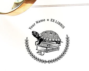 Turtle Ex Libris Stamp Personalized, Handmade Book Lover Gift, Tartaruga Apple