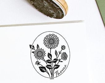 Dahlia Rubber Stamp Personalized, Custom Name Flowers Dalia Bouquet, Handmade Gifts for Women Men in Special Lovely Packaging