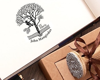 Rabe Stempel, Ex libris Schwarze Krähe Vogel Buchstempel Personalisiert, Eiche Baum Zweig Blätter, Handgemacht in Geschenkbox