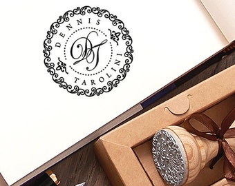 Personalized Monogram Stamp, 2 Intertwined Initials Decorative Border, Personal Name Logo Stamper, Unique Handmade Gifts in Special Box