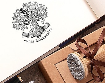 Personalized Raven Ex Libris Stamp, Oak Tree Bookplate, Gift Box