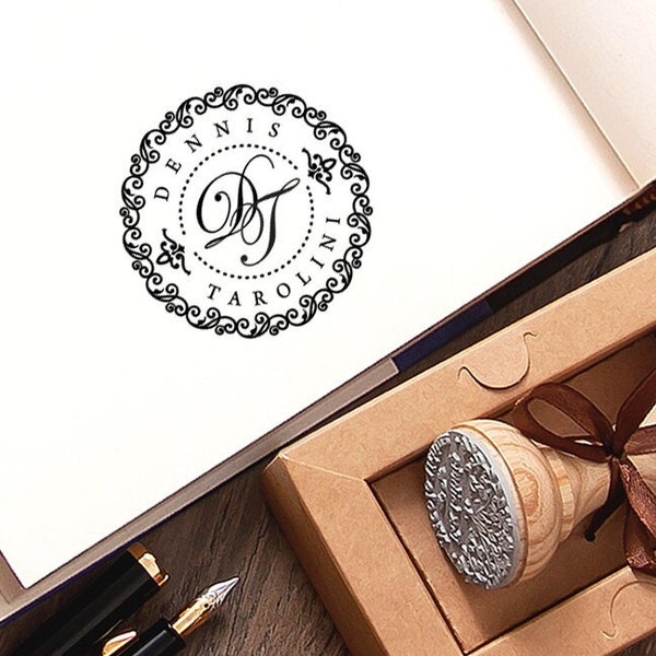 Personalized Monogram Stamp, 2 Intertwined Initials Decorative Border, Personal Name Logo Stamper, Unique Handmade Gifts in Special Box