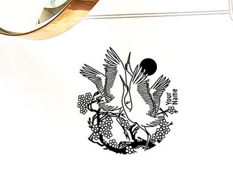 Crane Wedding Dance Stamp, Personalized Bookplate, Art Gift