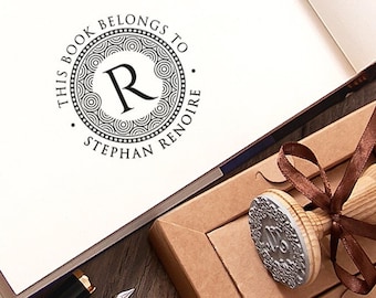 Initial Decorative Border Library Stamp Personalized Ex libris, This Book Belongs to, Handmade Gifts with Monogram Letter in Special Box