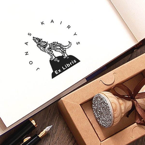 Wolf Book Stamp Ex libris Personalized, Howling Wolf Stands Alone Hill Library Bookplates, Handmade Booklovers Gifts in Special Box