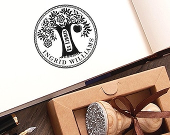 Apple Tree Stamp Ex libris Personalized, Tree of Knowledge Paradise Apple Fruit, Blooming Tree of Life, Handmade Gifts in Special Box