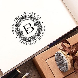 Sello de borde con monograma Art Neauveau Ex libris, regalo artístico personalizado con iniciales de nombre, firma personal, regalo hecho a mano en caja especial.