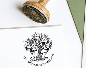 Fox Grapes Ex Libris Stamp, Personalized Bookplate, Art Gift, Special Box