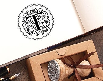 T Stamp, Floral Monogram Stationery Letter T Rubber Stamp, Elegant Handmade Initial Gifts for Women Men in Special Lovely Packaging