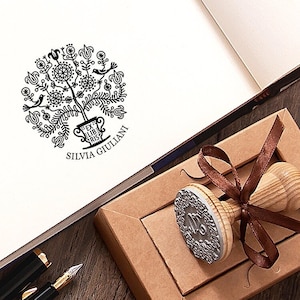 Ex libris personalizado, sello de libro con forma de árbol en maceta, árbol de la vida con pájaros, ex libris de biblioteca con flores, regalo hecho a mano para amantes de los libros en una caja especial.