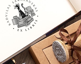 Book Stamp Cat – Ex Libris Personalized – Stack of Books Design – Art Gift in Special Box