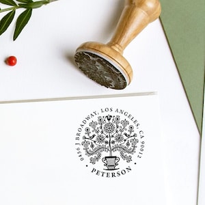 Adresstempel levensboom gepersonaliseerd, stamboomcadeaus, vogels lelies bloemen, retouradresbord, unieke handgemaakte cadeaus in speciale doos