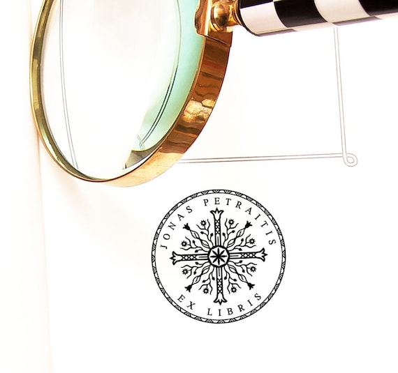 Sun Cross Ex libris Personalized, Book Stamp Solar Wheel, Art Gift, Special Box
