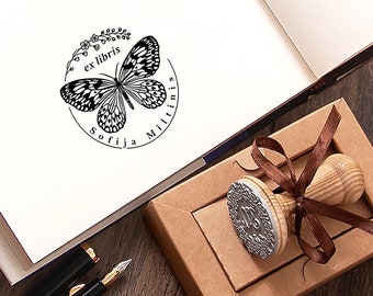 Ex libris Butterfly Rubber Stamp Insect Personalized, Bird Cherry Blossom Bookplate, Round 40mm, Special Gift Box