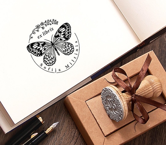 Ex libris Butterfly Rubber Stamp Insect Personalized, Bird Cherry Blossom Bookplate, Round 40mm, Special Gift Box