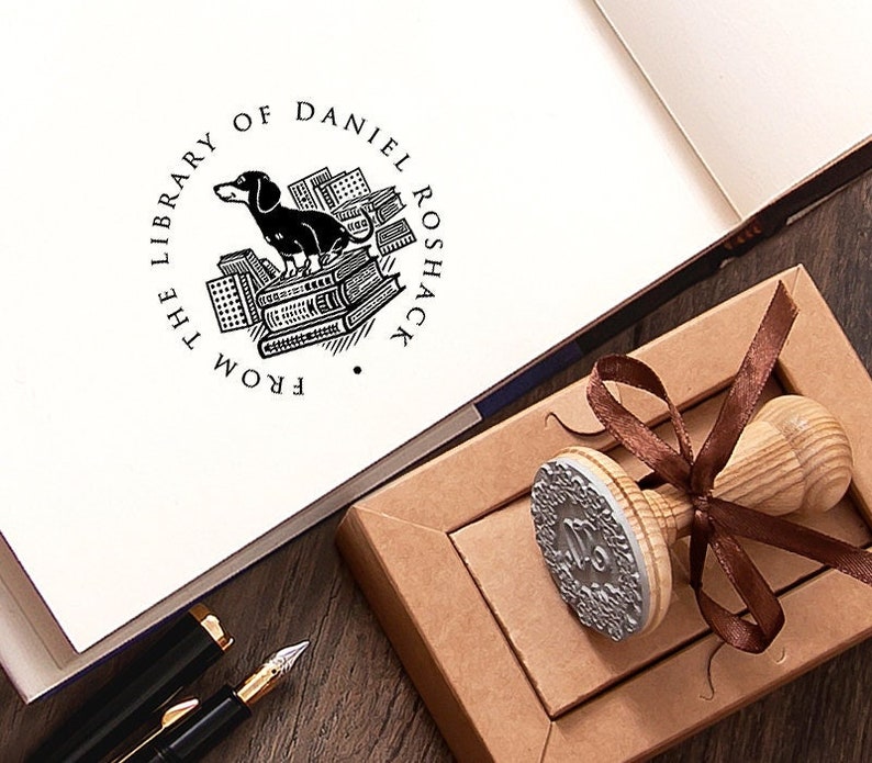 Book Stamp Dog, From the Library of Stamp Dachshund Sausage Dog, Stack of Books Art, Personalized Handmade Gifts in Special Box Wood Stamp (only)