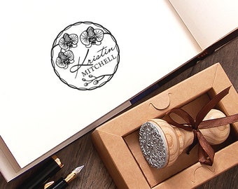 Orchid Stamp, Floral Wreath Stamp, Rubber Stamp Orchid, Bookplate Flowers, Orchid Crown Stamper, Original Kraft Gift Box