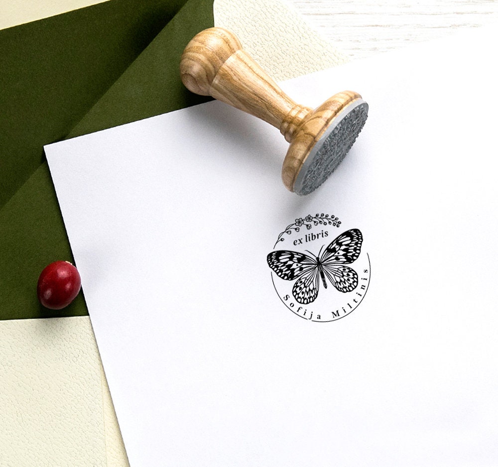 Ex Libris Butterfly Rubber Stamp Insect Personalized, Bird Cherry Blossom  Bookplate, Round 40mm, Special Gift Box -  Denmark