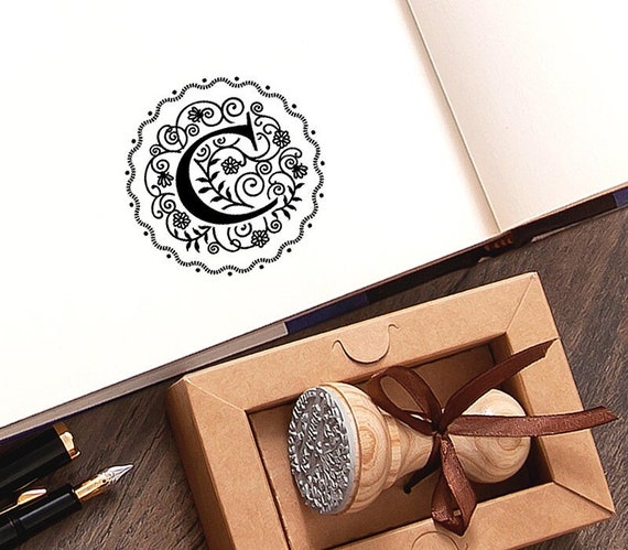 C Rubber Stamp, Floral Name Letters, Ex libris Monogram, Handmade Unique Initial Gifts for Women Her Him in Special Lovely Packaging