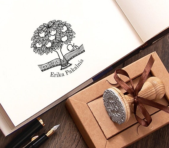 Apple Tree Ex libris Stamp Personalized, Library Bookplate Tree of Life Knowledge, Opened Book Fruits, Unique Handmade Gifts in Special Box