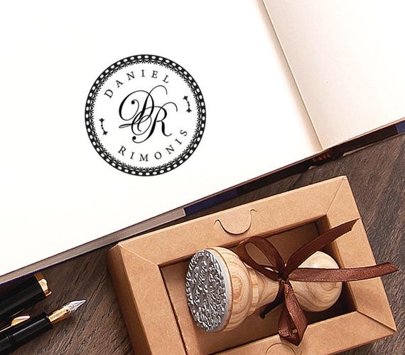 Monogram Personalized Stamp, 2 Intertwined Letters, Decorative Dotted Border, Anniversary Gifts in Lovely Packaging