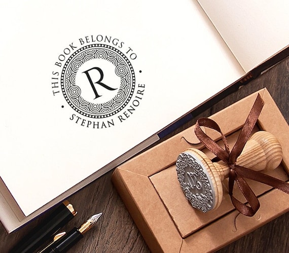 Initial Decorative Border Library Stamp Personalized Ex libris, This Book Belongs to, Handmade Gifts with Monogram Letter in Special Box