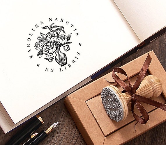 Peony Blooms Book Stamp Personalized, Exlibris, Vase with Bouquet Flowers, Floral Art, Aesthetic Handmade Gifts in Special Box