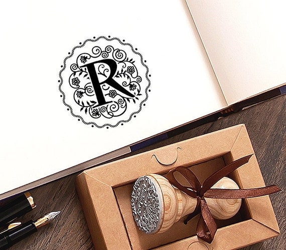 Floral Letter R Monogram Rubber Stamp Ex libris, Handmade Aesthetic Initial Gifts for Women Her Him in Special Lovely Packaging