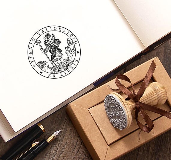 Saint Christopher Book Stamp – Ex Libris Personalized – Illustration Art