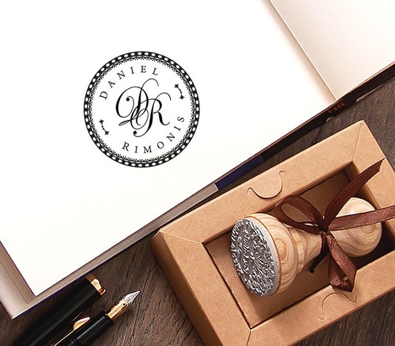 Personal Custom Initials Stamp, Unique Name Monogram Design, Two Letters Stamp Sign, Decorative Dotted Border, Original Gift Library Stamper