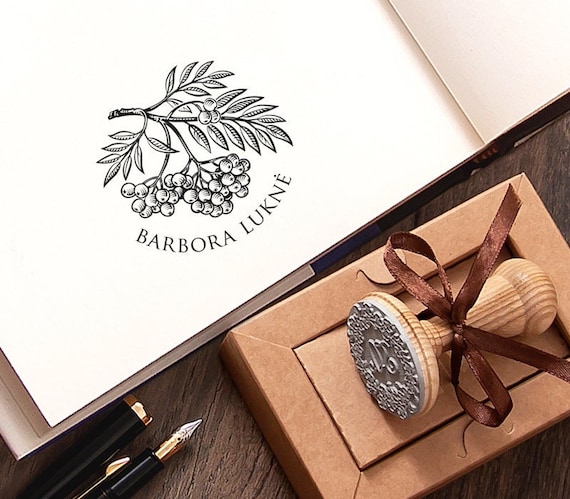 Rowan Book Stamp Personalized, Mountain Ash Tree Branch Twig Berries Leaves Art, Christmas Decor, Handmade Stylish Gifts in Special Box