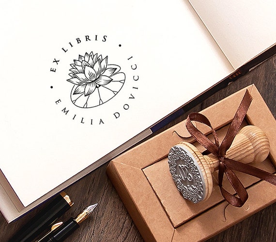 Exlibris, Lotus Stamp, Egypt Lotus, Sacred Bean India, Orient Water Lily, Bookplate Flower, Custom Rubber Stamp, Bookworm Gifts, Special Box