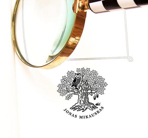 Rubber Stamp Owl, Oak Tree Acorns Leaves Book Sign, Ex libris, Stempel Eule Eiche Eicheln, Bookworm Gifts, Unique Kraft Gift Box