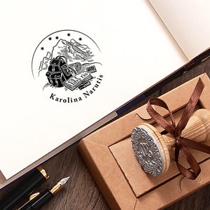 Ex libris Mountain Travel, Book Stamp Personalized, Backpack Rucksack, Booklover Gift