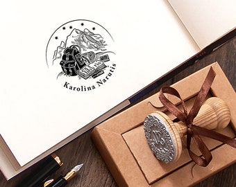 Ex libris Mountain Travel, Book Stamp Personalized, Backpack Rucksack, Booklover Gift