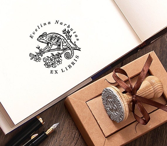Ex libris Chameleon, Book Stamp Personalized, Magnolia Tree with Small Animal, Library Bookplate, Handmade Aesthetic Gifts in Special Box