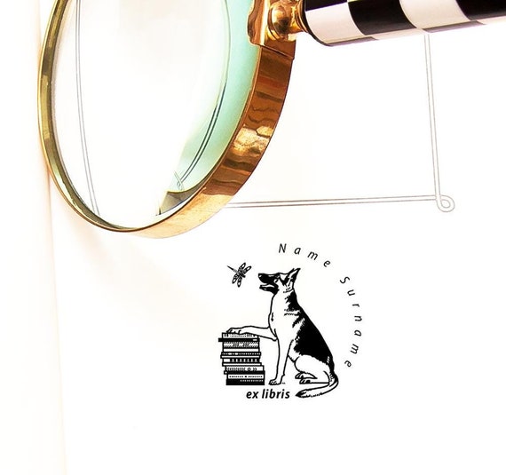 German Shepherd Book Stamp Ex libris Personalized, Handmade Dog and Dragonfly Gifts for Women Men Her Him in Special Lovely Packaging
