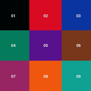 May include: A grid of nine squares, each a different solid color. The colors include black, red, blue, teal, purple, brown, magenta, orange, and turquoise. Each square has a white number from 01 to 09 in the center.