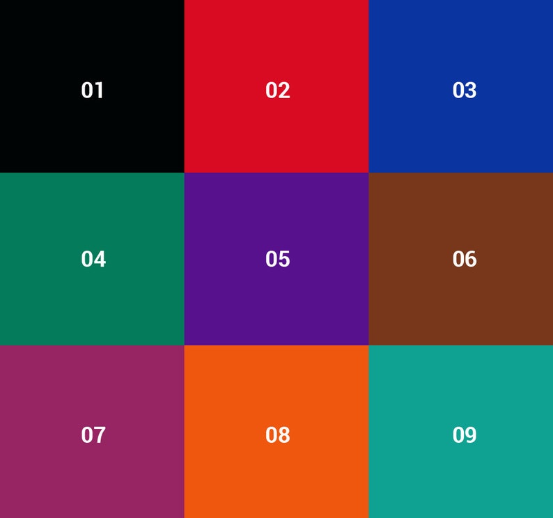 May include: A grid of nine squares, each a different solid color. The colors include black, red, blue, teal, purple, brown, magenta, orange, and turquoise. Each square has a white number from 01 to 09 in the center.