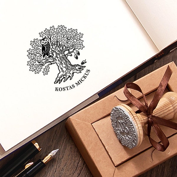 Rubber Stamp Owl, Oak Tree Acorns Leaves Book Sign, Ex libris, Stempel Eule Eiche Eicheln, Bookworm Gifts, Unique Kraft Gift Box