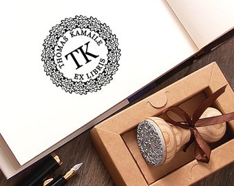 Wreath Initials Stamp, Oak Branches, Book Stamp Personalized, Wreath Monogram, Exlibris, Booklovers Gift, Special Box