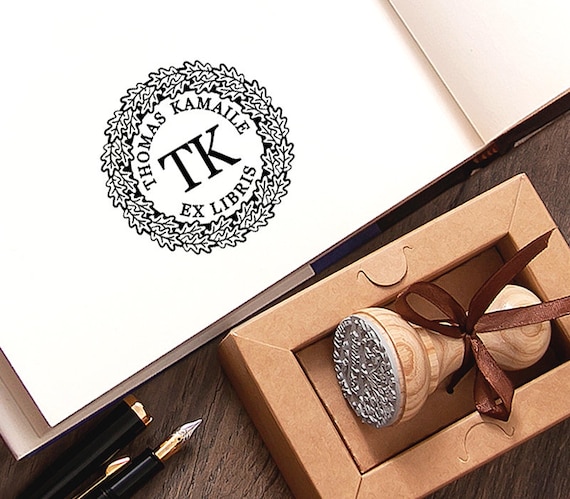 Ex libris Stamp, Initials Personalized, Leaf Wreath, Oak Crown, Book Stamp, Custom Exlibris, Bookworm, Book Lovers Gift, Special Box