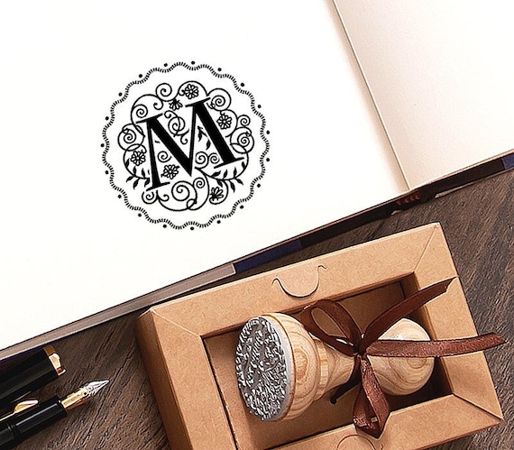Floral Monogram Initial M Rubber Stamp Ex libris, Handmade Elegant Name Letter Gifts for Women Her Him in Special Lovely Packaging