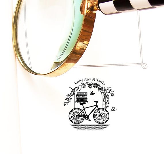Bicycle Ex libris Stamp Personalized, Clematis Flowers, Art Gift, Special Box