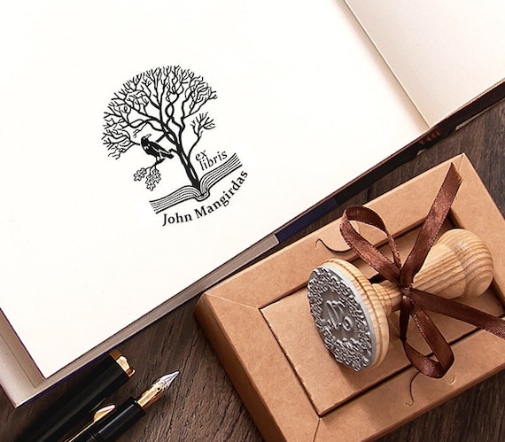 Raven Ex libris Stamp Personalized, Black Bird Crow Sitting Oak Tree Branch Leaf Book Library Bookplate, Handmade Gifts in Special Box